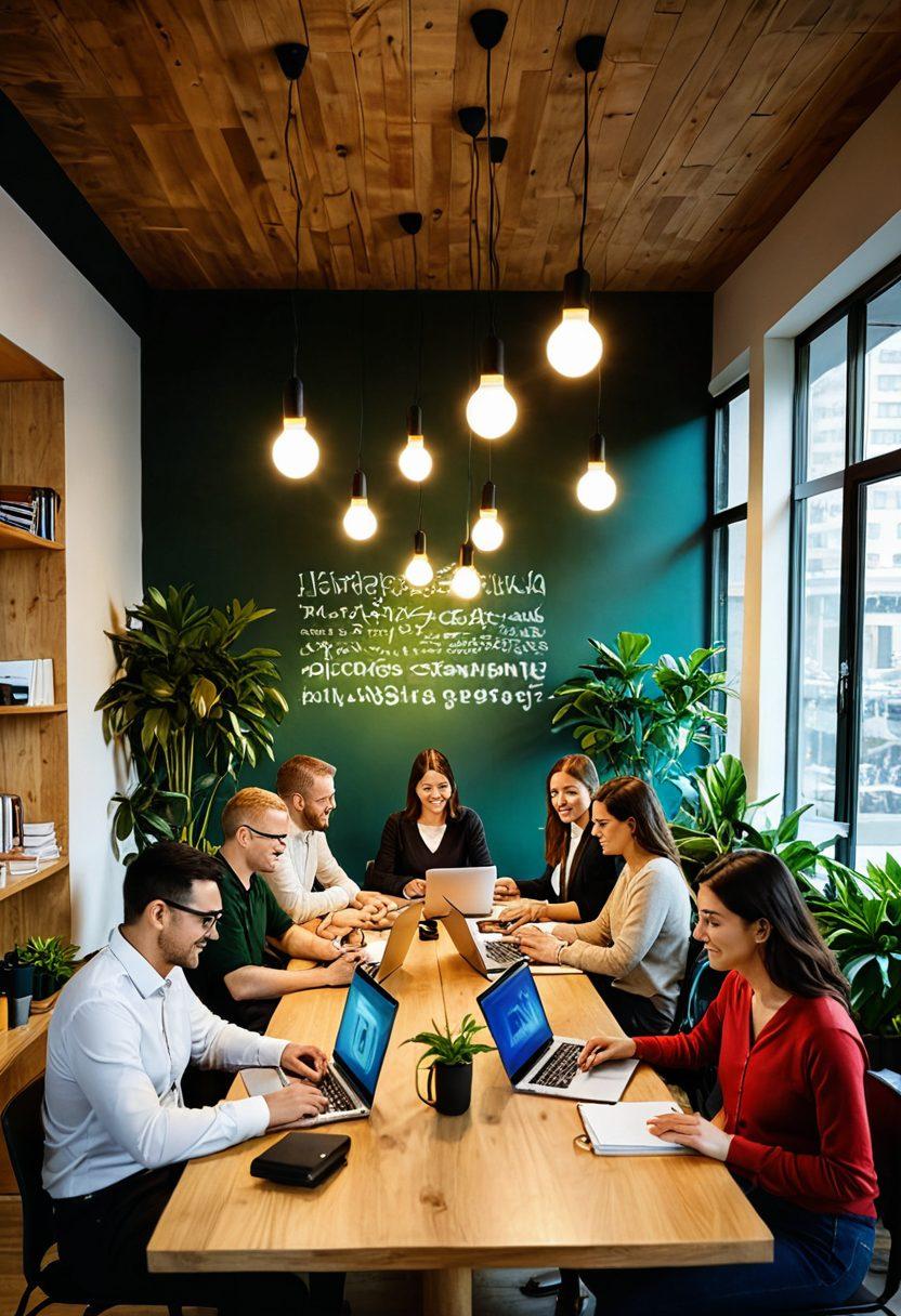 A warm, inviting scene of diverse individuals gathered around a large table covered with laptops, notebooks, and coffee cups, engaged in lively discussion. Above them, a glowing light bulb symbolizes ideas and knowledge sharing, while connecting lines and small icons represent unity through technology. The atmosphere should be friendly and collaborative, with plants and colorful decor enhancing the ambiance. vibrant colors. super-realistic.