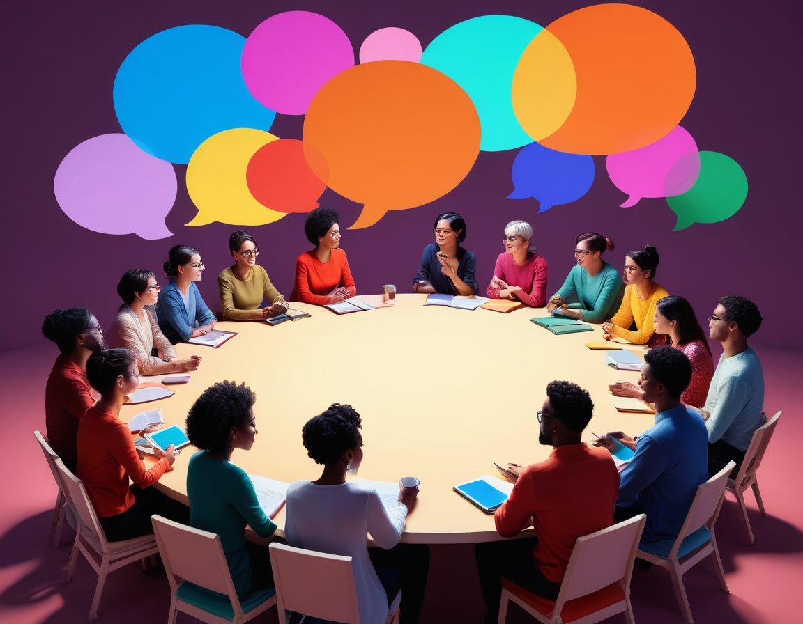 A diverse group of individuals engaging in a lively conversation around a large round table, surrounded by colorful thought bubbles depicting various ideas and perspectives. Each person represents a different culture, and the background features a blend of books and digital devices symbolizing knowledge sharing. The atmosphere is warm and inviting, encouraging open dialogue and exchange of thoughts. vibrant colors. 3D. modern art.