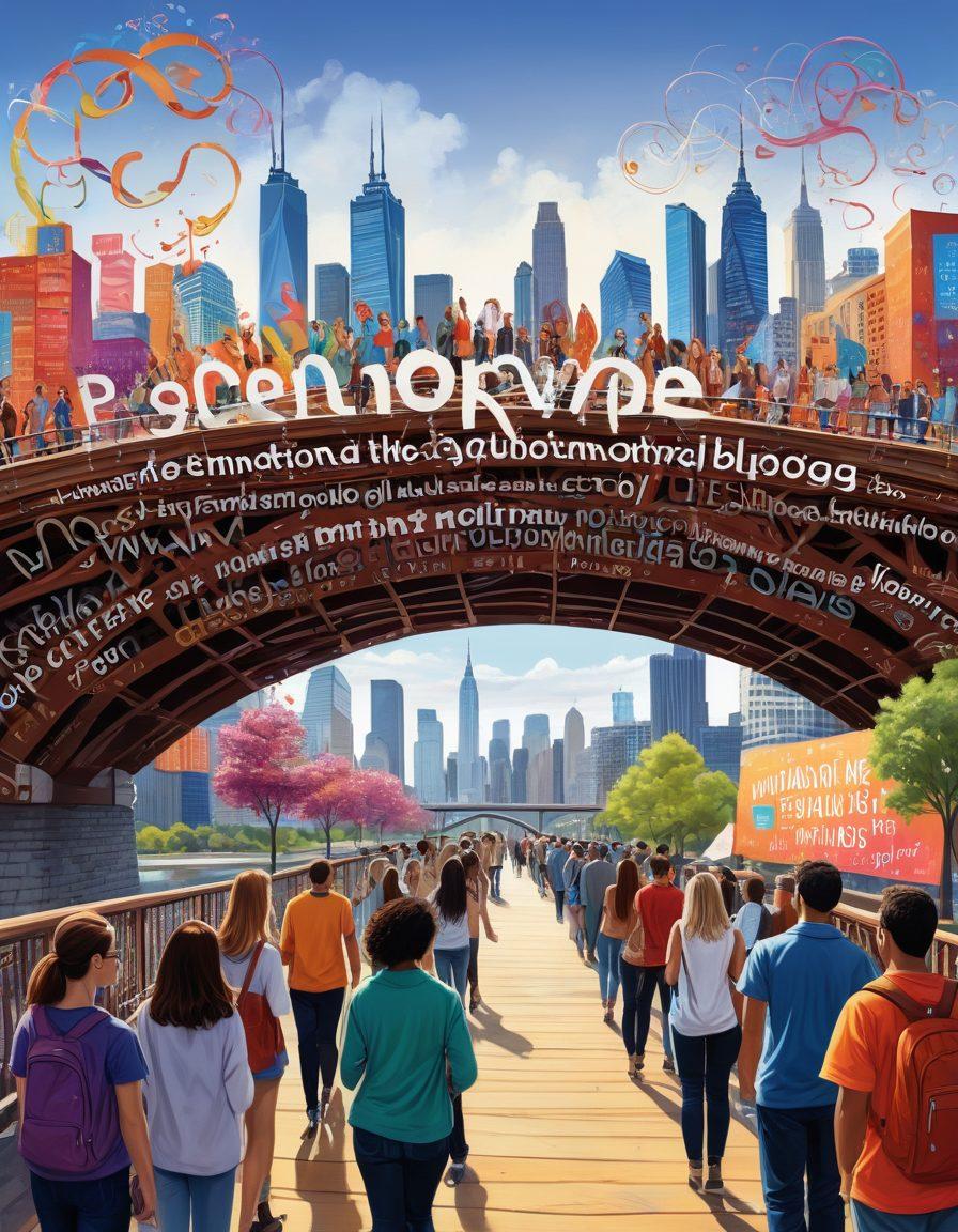 A diverse group of people from various backgrounds collaborating around a large, intricately designed bridge made of words and phrases symbolizing unity and engagement. Their expressions reflect creativity and enthusiasm as they share thoughts on digital devices scattered around. The skyline of a vibrant city filled with colorful banners promoting blogging hangs in the background. Artistic swirls of communication flow between them, showcasing the power of collective blogging. vibrant colors. super-realistic.